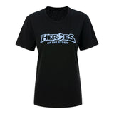 Helden des Sturms Women's Schwarz T-Shirt  - Vorderansicht mit Helden des Sturms Logo