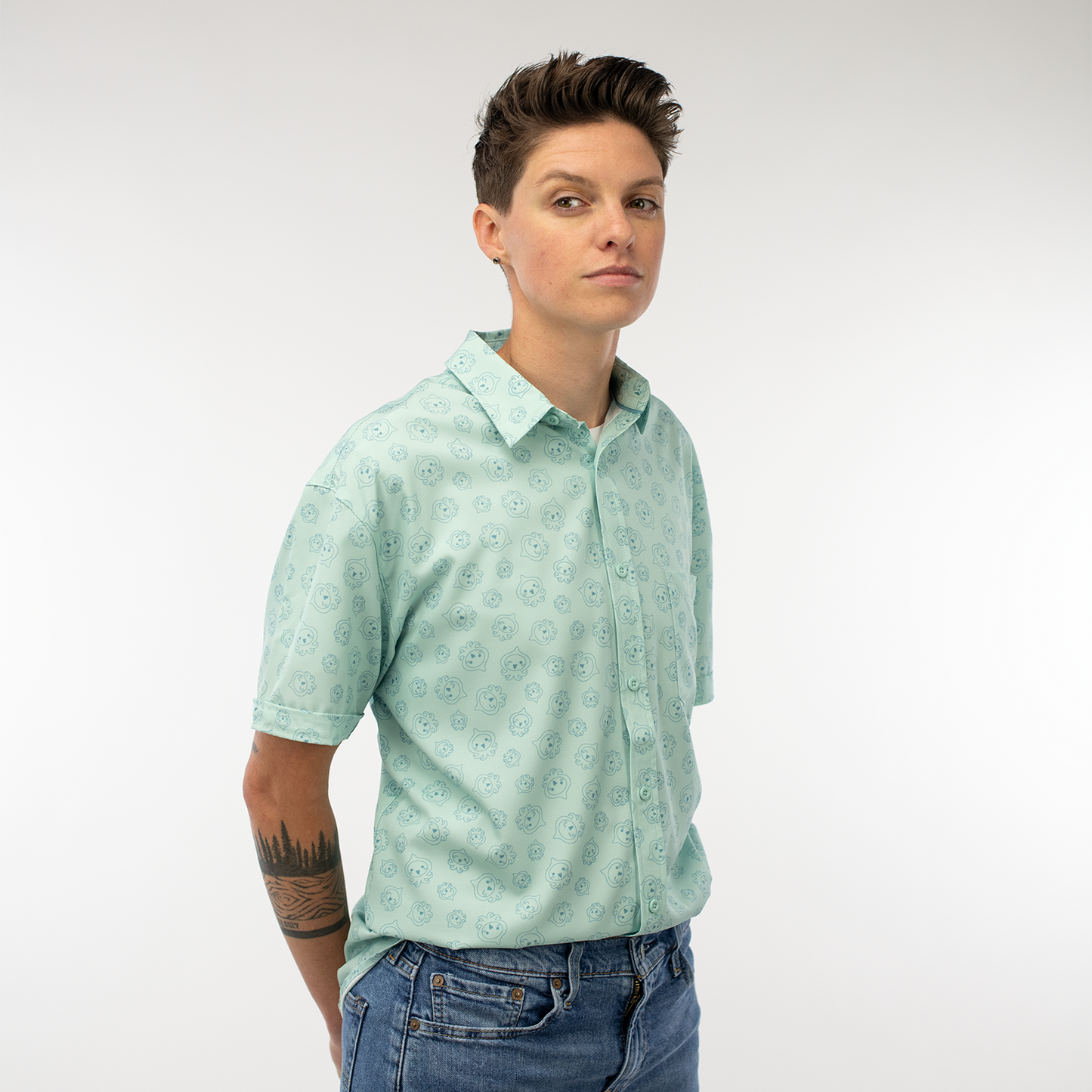 Overwatch Pachimari Blue Button-Up Shirt - Model Front View