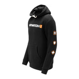 Overwatch 2 Heavy Weight Patch Pullover Black Hoodie - Side View with Designs on Sleeve
