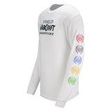 World of Warcraft Dragonflight White Long Sleeve T-Shirt - Front Side View with Multi-Color Logos on Sleeve